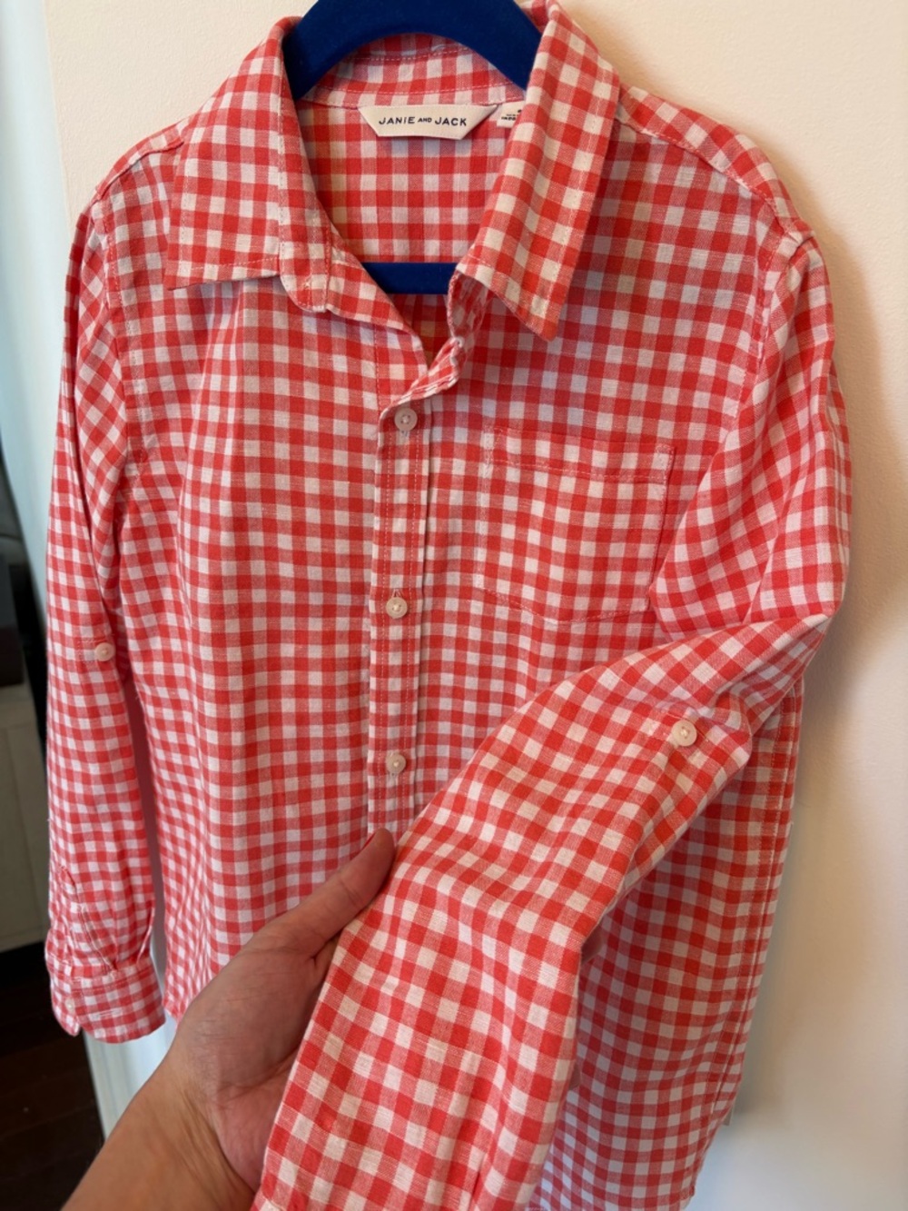 JANIE AND JACK Boys Gingham Button Down Long Sleeve Shirt Salmon/Pink Size 8 - Picture 2 of 11